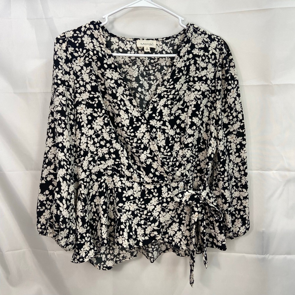 Meraki women's black white floral‎ faux wrap loose tie v-neck stretch blouse M